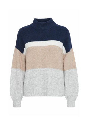 Strickpullover mit Stehkragen, der horizontale Streifen in Marineblau, Weiß, Beige und Grau zeigt. Weicher Stoff, lässige Passform und lange Ärmel.