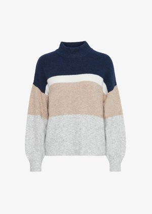 Sweter robiony na drutach z wysokim kołnierzem, w poziome paski w kolorach granatowym, białym, beżowym i szarym. Miękka tekstura, luźny krój i długie rękawy.