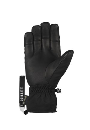 Gant isolant noir avec paume en cuir, poignet élastique, sangle ajustable et étiquette Gore-Tex pour l'imperméabilité et la respirabilité.