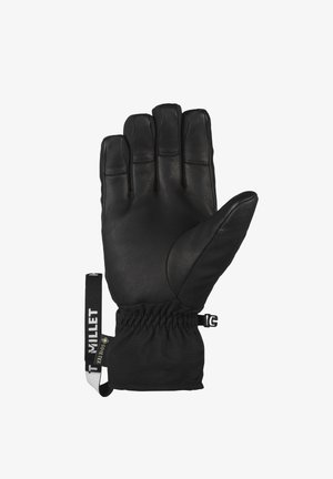 Black insulated glove with leather palm, elastic wrist, adjustable strap, and Gore-Tex tag for waterproofing and breathability.
