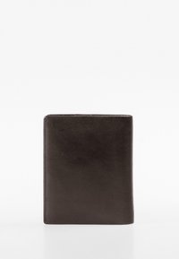 Black leather wallet with a smooth texture, rectangular shape, and minimalistic design. Features neat stitching around the edges.