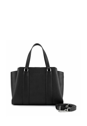 Borsa tote in pelle nera con texture, con doppi manici e tracolla removibile, posizionata accanto alla borsa su sfondo bianco.