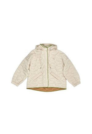 Chaqueta acolchada beige con capucha, detalles verdes a lo largo de la cremallera y el dobladillo, y puños elásticos; cuenta con dos bolsillos frontales.