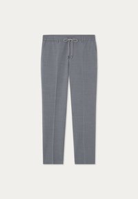 Pantaloni grigi su misura in tessuto testurizzato, con vita elastica e coulisse regolabile. Presentano due tasche laterali e un design a gamba dritta.
