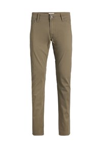 Pantaloni khaki slim-fit con design a cinque tasche, passanti per cintura e chiusura a bottone, presentati su uno sfondo bianco.
