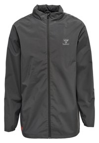 Graue wasserabweisende Jacke mit hohem Kragen, Frontreißverschluss und einem dezenten Logo auf der Brust. Verfügt über elastische Bündchen und einen geraden Saum.