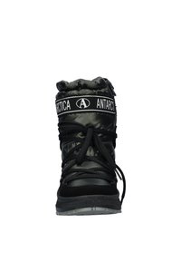 Black snow boots with a padded nylon upper, elastic cuff, and fabric logo band. Features black lace-up design and a textured rubber sole.