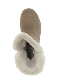 Tan suède laar met een faux fur manchette en voering. Heeft een ronde neus en een gestructureerde zool. Het interieur heeft een donker merkembleem.