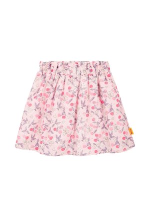 Rosa Rock mit floralem Muster, das lila Blätter und kleine, rosa Früchte zeigt. Elastischer Bund mit Raffungen, leichter Stoff, lässiges Design.