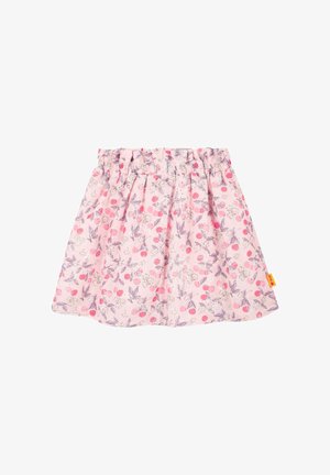 Roze rok met bloemenpatroon met paarse bladeren en kleine, roze vruchten. Elastische tailleband met plooien, lichtgewicht stof, casual ontwerp.