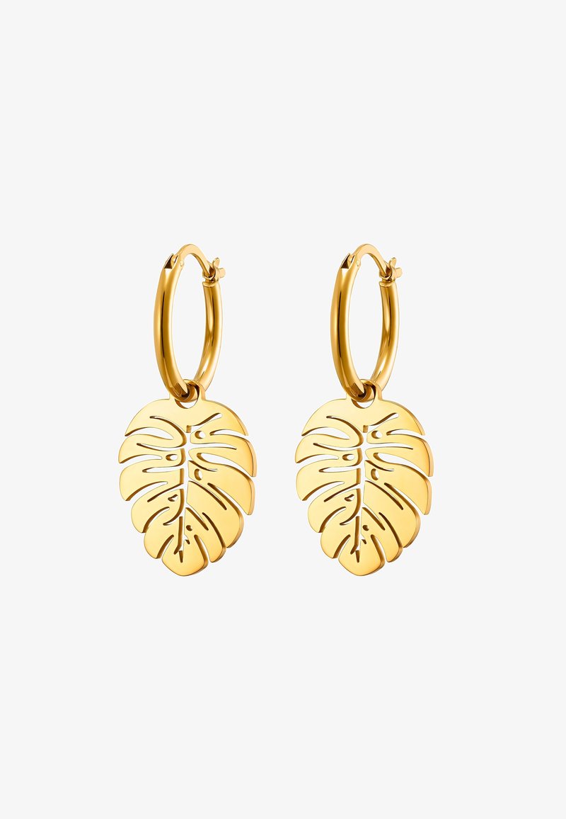 Boucles d'oreilles créoles en or avec breloques polies en forme de feuille pendantes, présentant des détails découpés et des bords lisses.