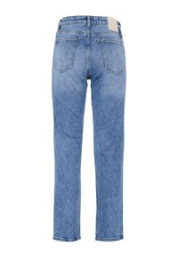 Jeans azzurro chiaro a vita alta in denim, con gamba dritta, due tasche posteriori e una toppa in vita. Texture liscia.