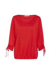 Red, loose-fitting top with a rounded neckline, three-quarter sleeves, and drawstring accents at the cuffs. Soft texture, casual design.