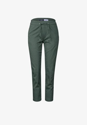 Grüne, leichte Baumwollmischhosen mit einem elastischen Bund und Kordelzug. Mit schmal zulaufenden Beinen und ohne sichtbare Taschen.
