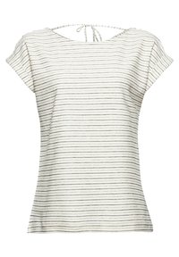 Blouse blanche à manches courtes avec de fines rayures horizontales noires et un nœud dans le dos au niveau de l'encolure.