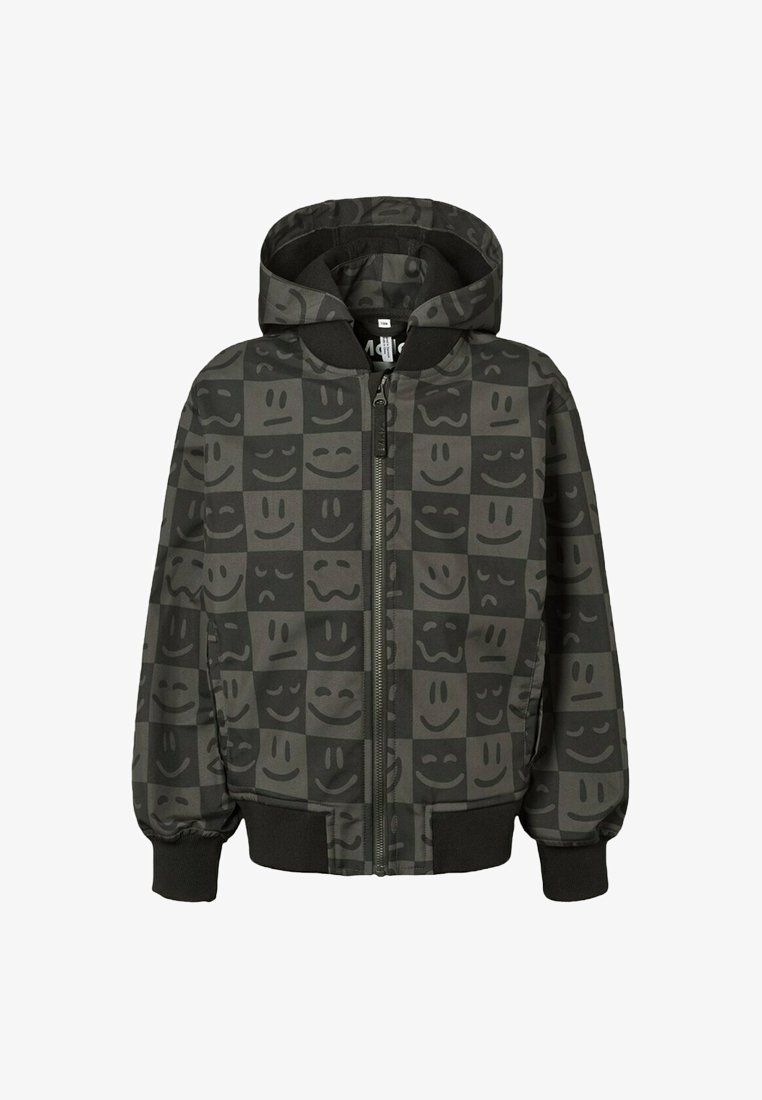 Chaqueta con capucha de color gris oscuro con cremallera frontal completa, puños y dobladillo acanalados, con un patrón de cuadros formado por varias caras sonrientes.