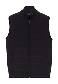 Schwarze gesteppte Weste ohne Ärmel, mit hohem Kragen, Frontreißverschluss und Seitentaschen mit Steppmuster.