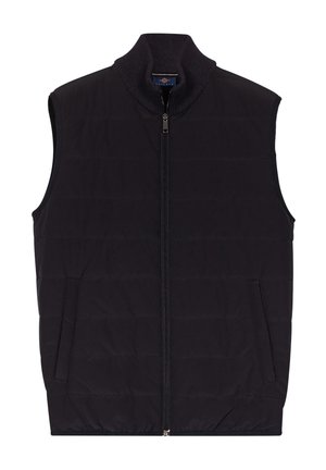 Schwarze gesteppte Weste ohne Ärmel, mit hohem Kragen, Frontreißverschluss und Seitentaschen mit Steppmuster.