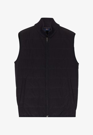 Schwarze gesteppte Weste ohne Ärmel, mit hohem Kragen, Frontreißverschluss und Seitentaschen mit Steppmuster.