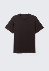 T-shirt en coton noir uni à manches courtes avec col rond et un petit label "WEEKDAY" à l'intérieur du col arrière.