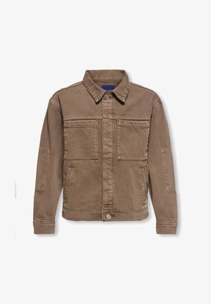 Veste en jean marron avec deux poches poitrine, deux poches latérales, manches longues avec détails cousus et fermeture par boutons au col et à l'ourlet inférieur.