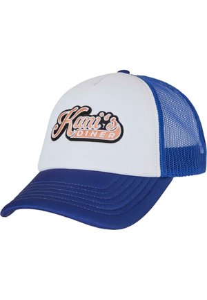 Blå og hvid trucker kasket med mesh bag, buet skygge og broderet "Kami's Diner" logo i orange og sort på frontpanelet.