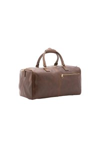 Sac de voyage en cuir brun avec une poche avant zippée, des poignées doubles et des détails de couture visibles. Texture lisse avec une forme rectangulaire.