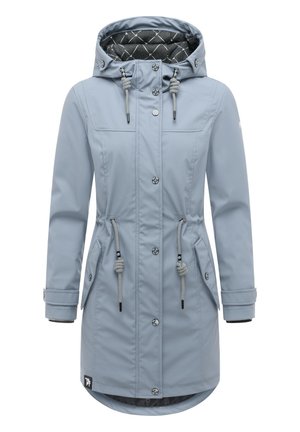 Imperméable bleu clair à capuche avec fermeture à pressions à l'avant, cordons à la capuche et à la taille, et poches inclinées.