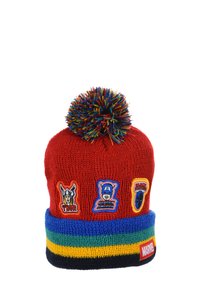 Red knitted beanie with a multicolor pompom, featuring superhero patches: Thor, Captain America, and Black Panther. Striped cuff in blue, green, yellow, and black.