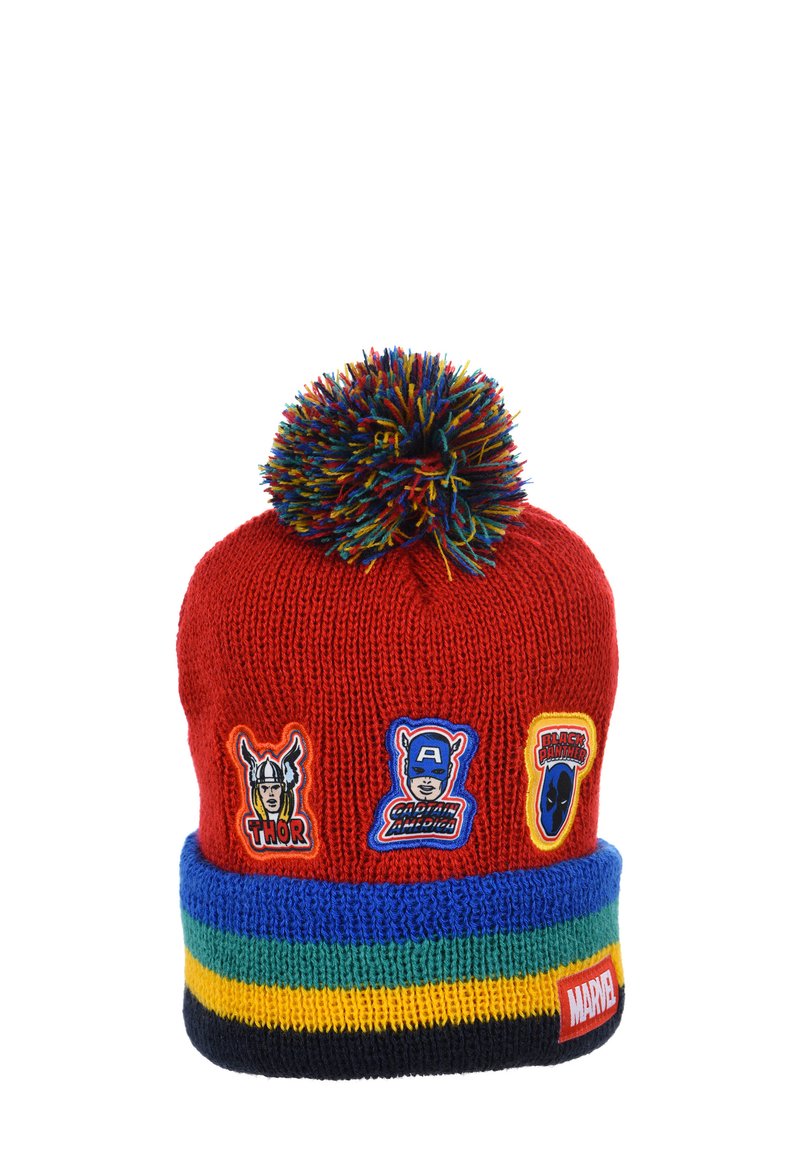 Red knitted beanie with a multicolor pompom, featuring superhero patches: Thor, Captain America, and Black Panther. Striped cuff in blue, green, yellow, and black.