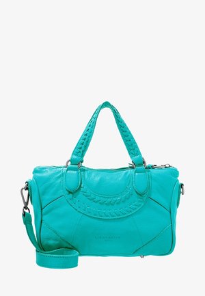 Turkis læderhåndtaske med dobbelte flettede håndtag, aftagelig skulderrem, lynlåslukning og præget mærkenavn på forsiden midt på.