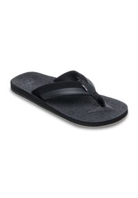 Sandale en caoutchouc noir avec une semelle texturée, des sangles en cuir et une semelle intérieure à motifs. Design léger adapté à un usage décontracté.