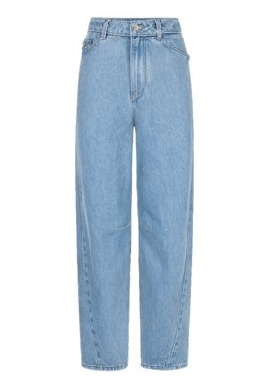 Lichtblauwe spijkerbroek met hoge taille en rechte pijpen, voorste knoop- en ritssluiting en zijzakken.