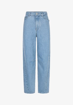 Hellblaue Jeans aus Denim mit hoher Taille, geradem Bein, vorderer Knopfleiste und Reißverschluss sowie Seitentaschen.