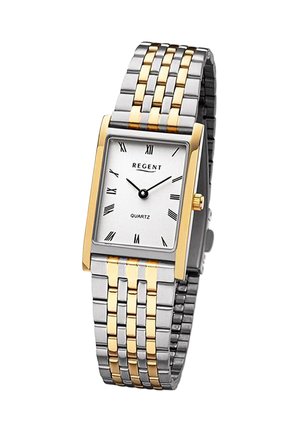 Montre en quartz rectangulaire avec un cadran blanc, des chiffres romains, un bracelet en maillons métalliques dorés et argentés, et un boîtier doré.