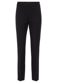 Musta räätälöity housut, joissa on sileä tekstuuri, kapea malli ja joustava vyötärö. Suorat lahkeet ilman näkyviä taskuja tai koristeita.