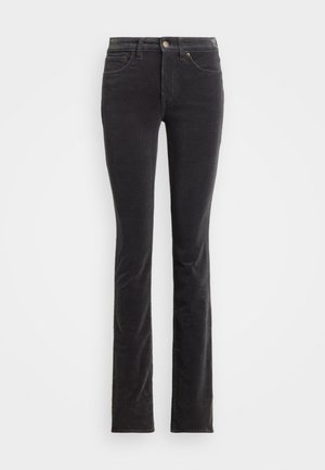 Black corduroy jeans with a slim fit, featuring a classic five-pocket design, button waist closure, and subtle texture from ridged fabric.