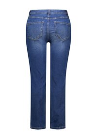 Jean en denim bleu foncé avec une coupe droite, doté de deux poches arrière, de coutures visibles et d'une légère texture délavée.