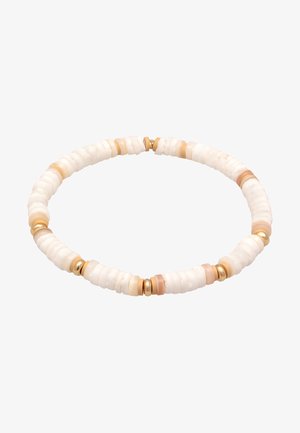 White and cream-colored beaded necklace featuring smooth cylindrical pieces alternating with gold and beige accents. Round design.