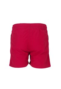 Röda bomullsshorts med elastisk midja, som har en slät yta och inga synliga fickor eller mönster på baksidan.
