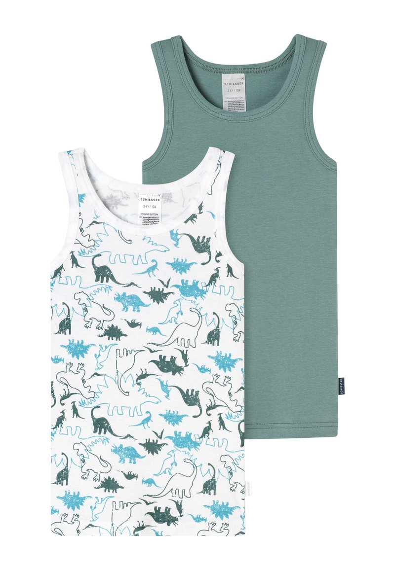 Zwei Tanktops: eines mit einem weißen Hintergrund, auf dem grüne und blaue Dinosaurier-Muster abgebildet sind, das andere in einem einfarbigen, gedeckten Grün, aus Bio-Baumwolle gefertigt.