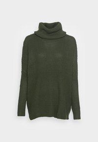 Sweter z golfem, dziany w ciemnozielonym kolorze, z teksturowym wzorem, długimi rękawami i luźnym krojem z bocznymi rozcięciami u dołu.