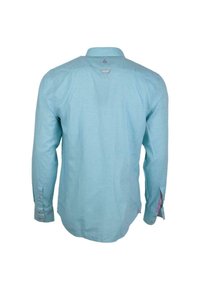 Langarmhemd für Herren in Hellblau, von hinten gezeigt, mit geknöpften Manschetten und kleinem dekorativem Logo unter dem Kragen.