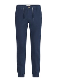 Pantalon de jogging bleu marine en tissu léger, doté d'une taille élastique, d'un cordon de serrage et d'ourlets aux chevilles pour une coupe décontractée.