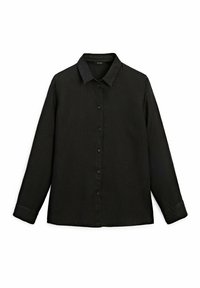 Chemise noire à manches longues en tissu texturé, avec un col classique, une fermeture à boutons sur le devant et des poignets boutonnés.
