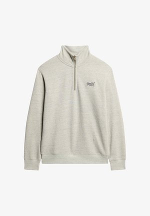 Sudadera con cremallera en gris claro, fabricada en un material suave. Presenta un cuello alto, mangas largas y un pequeño logo en el pecho. Diseño y textura sencillos.