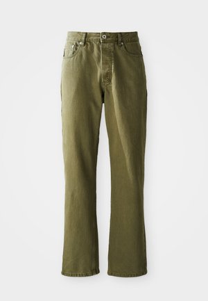 Olive green jeans with a straight leg design, two front pockets, a single back pocket, and a front button closure. Visible stitching details.
