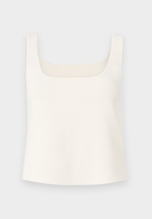 White knitted tank top with a square neckline, wide shoulder straps, and a relaxed fit, featuring a smooth texture and no patterns.