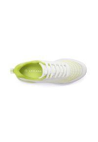 White athletic shoe with lime green accents, textured mesh upper, and rubber sole. Features laces and a branded insole.