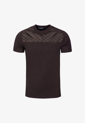 Dark brown short-sleeve crew neck t-shirt with a patterned panel across the upper chest and shoulders.